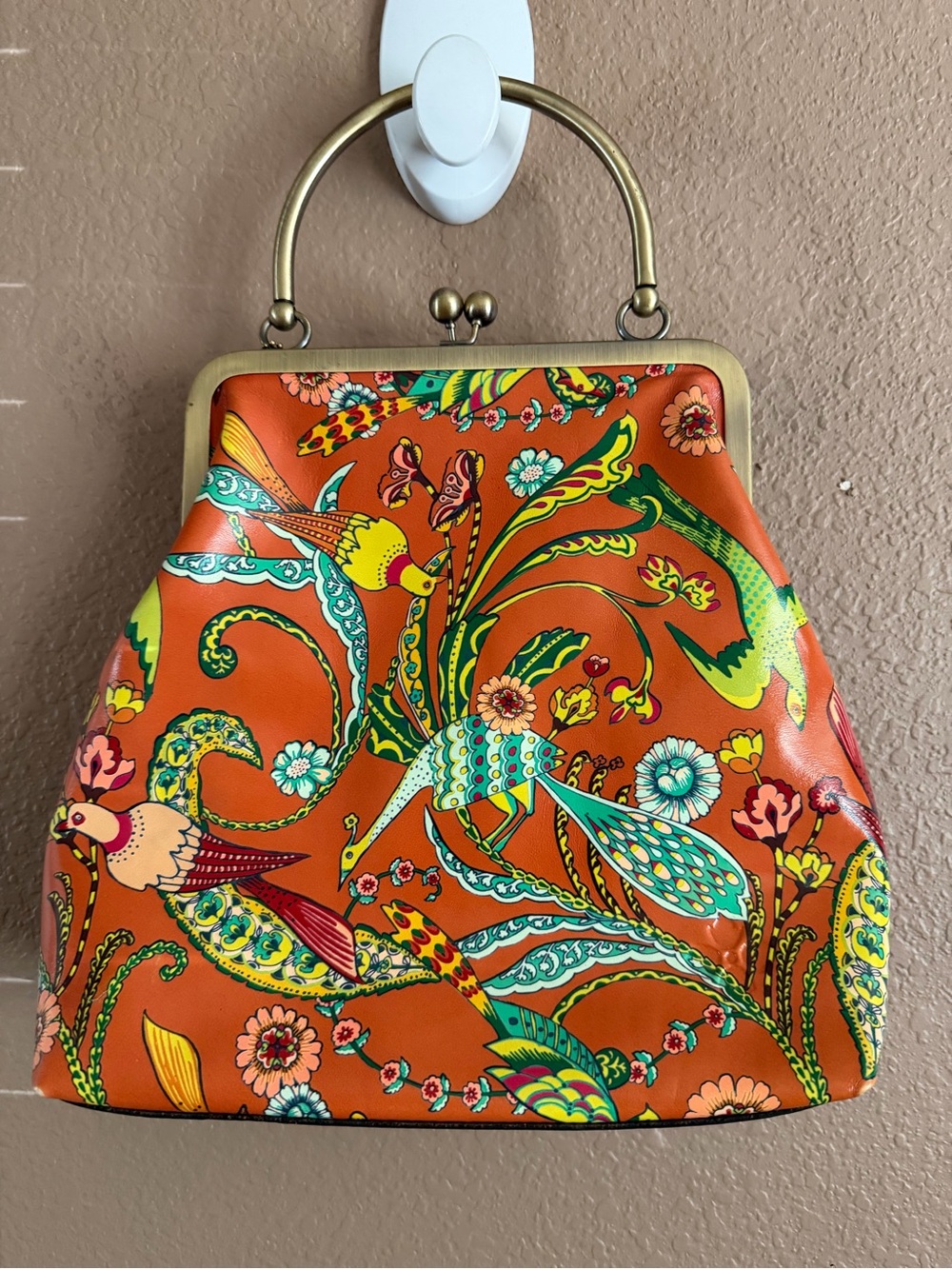 Patricia Nash Leather Novella Frame Kiss Lock Bag Koi Orange Birds of Paradise